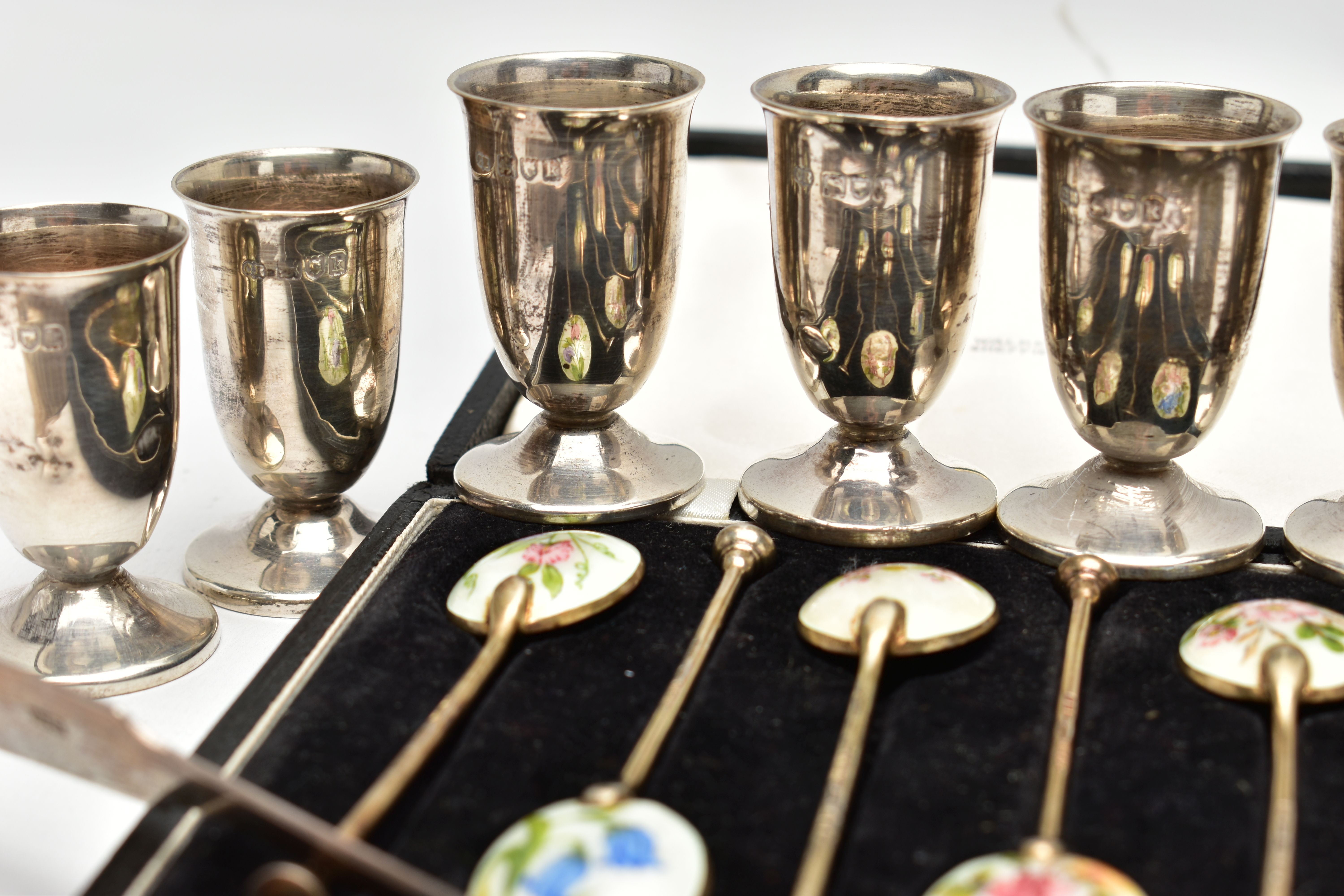 A CASED SET OF SIX ELIZABETH II SILVER GILT AND ENAMEL COFFEE SPOONS AND TEN OTHER SILVER ITEMS, - Image 4 of 8