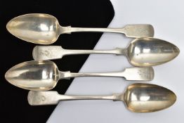 A SET OF FOUR GEORGE III EXETER SILVER FIDDLE PATTERN TABLESPOONS, engraved initial G, maker