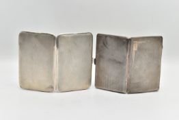 TWO SILVER CIGARETTE CASES OF RECTANGULAR FORM WITH ENGINE TURNED DECORATION TO THE BACK AND