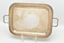 AN ELIZABETH II RECTANGULAR TWIN HANDLED TRAY, gadrooned rims otherwise plain, makers Adie
