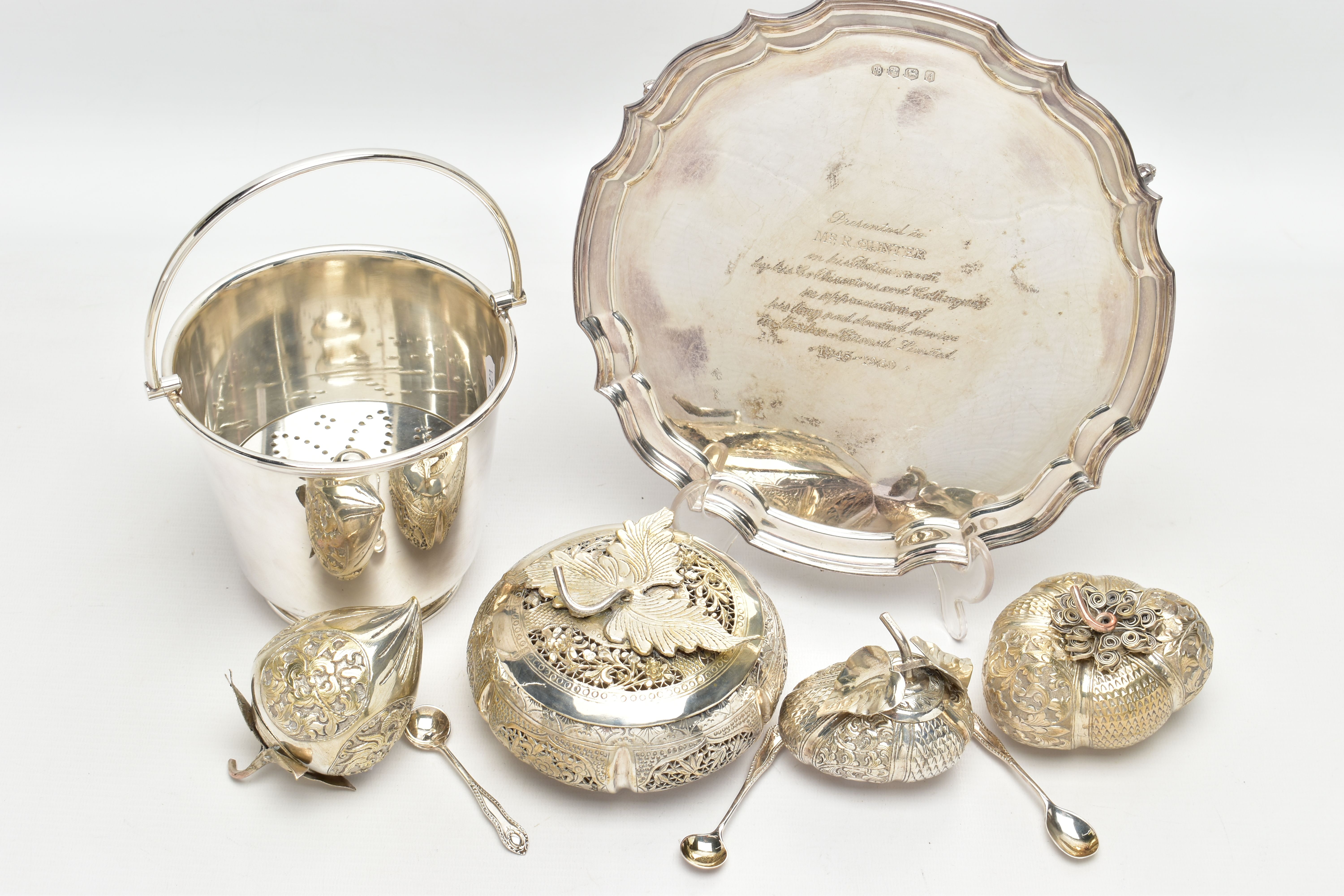 AN ELIZABETH II SILVER SALVER, TOGETHER WITH EIGHT SILVER PLATED ITEMS, the silver salver with - Image 2 of 14