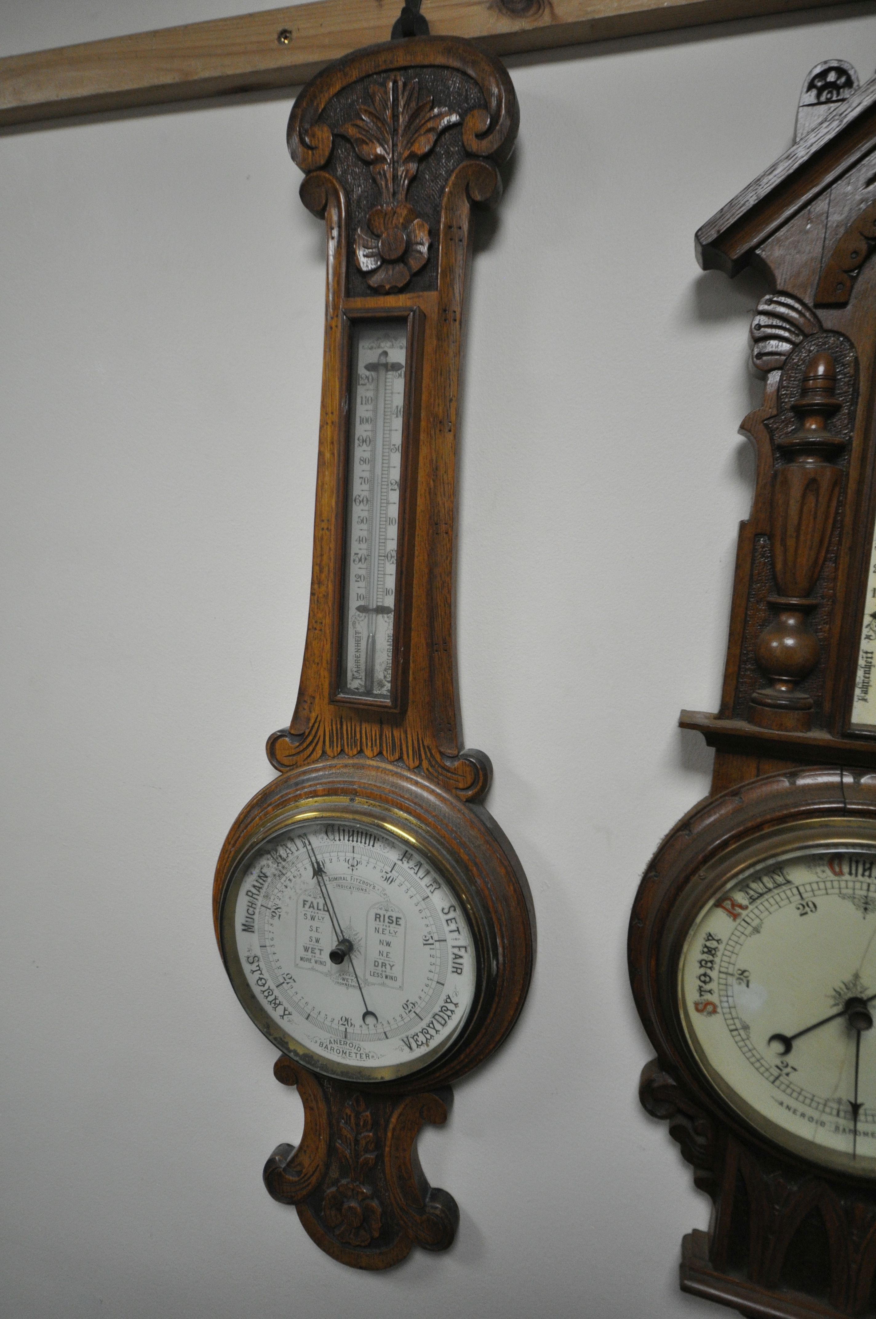 THREE LATE 19TH/EARLY 20TH CENTURY CARVED WOOD ANEROID BAROMETERS, all with thermometers and - Image 6 of 7