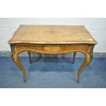 A 19TH CENTURY FIGURED WALNUT, CROSSBANDED AND MARQUETRY INLAID CARD TABLE, in the Louis XV style,