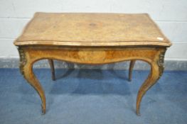 A 19TH CENTURY FIGURED WALNUT, CROSSBANDED AND MARQUETRY INLAID CARD TABLE, in the Louis XV style,