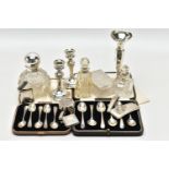 A SELECTION OF SILVER ITEMS, comprising a set of six tea spoons with scroll engraved detail,