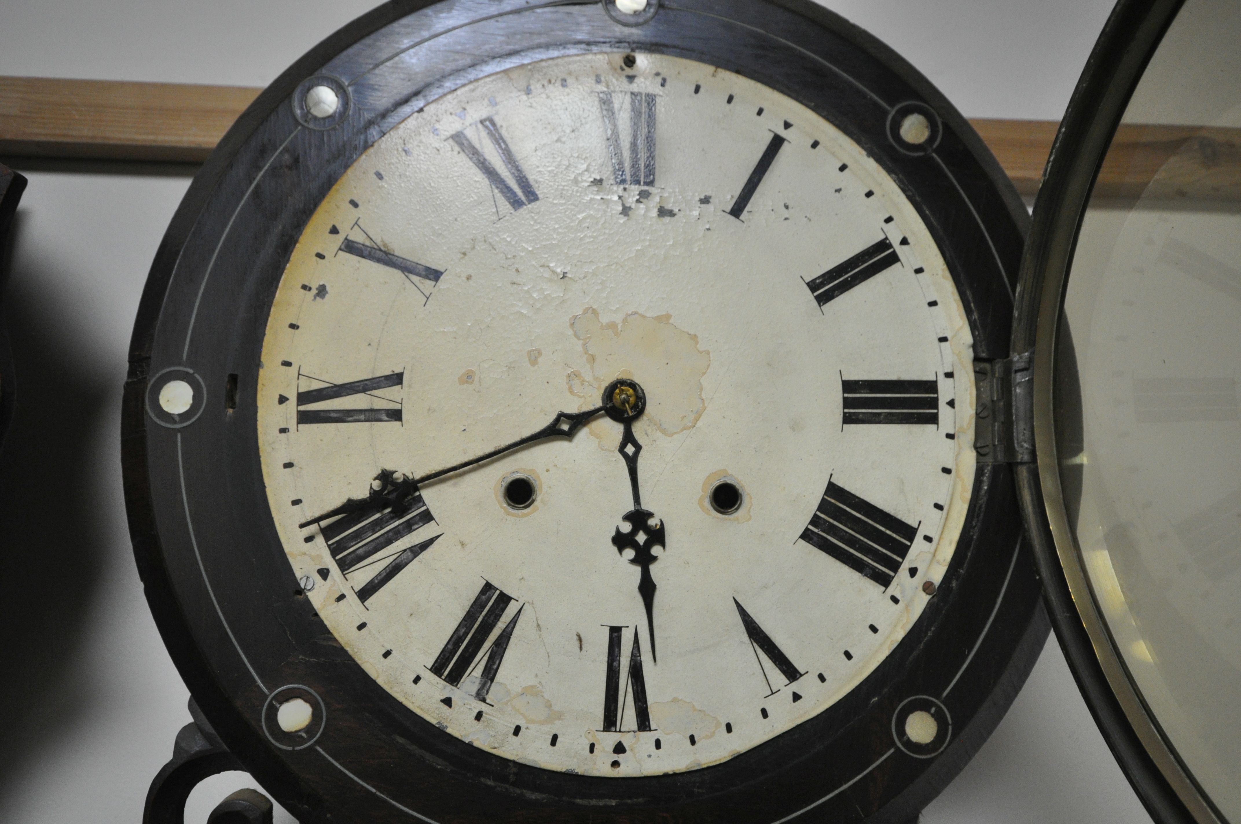 A 19TH CENTURY WALNUT AND INLAID DROP DIAL WALL CLOCK, the 11 inch dial is indistinctly marked - Image 8 of 9