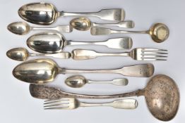 ELEVEN PIECES OF 19TH CENTURY SCOTTISH SILVER FLATWARE, comprising a soup ladle, two tablespoon