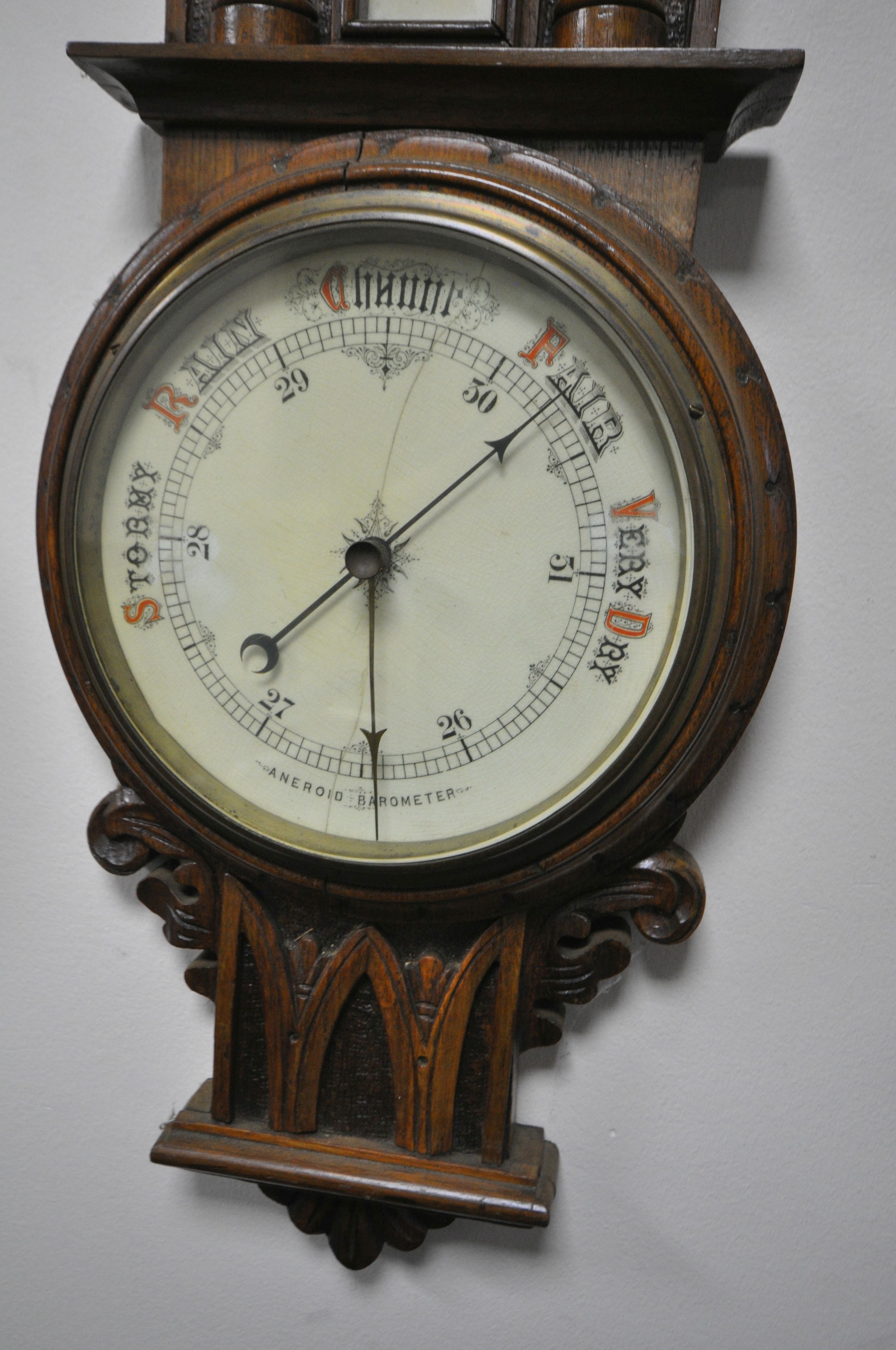 THREE LATE 19TH/EARLY 20TH CENTURY CARVED WOOD ANEROID BAROMETERS, all with thermometers and - Image 5 of 7