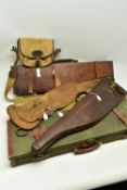 A LEG OF MUTTON GUN CASE, A LEATHER GUN CASE, A CANVAS GUN SLIP, A CANVAS CARTRIDGE BAG AND TWO