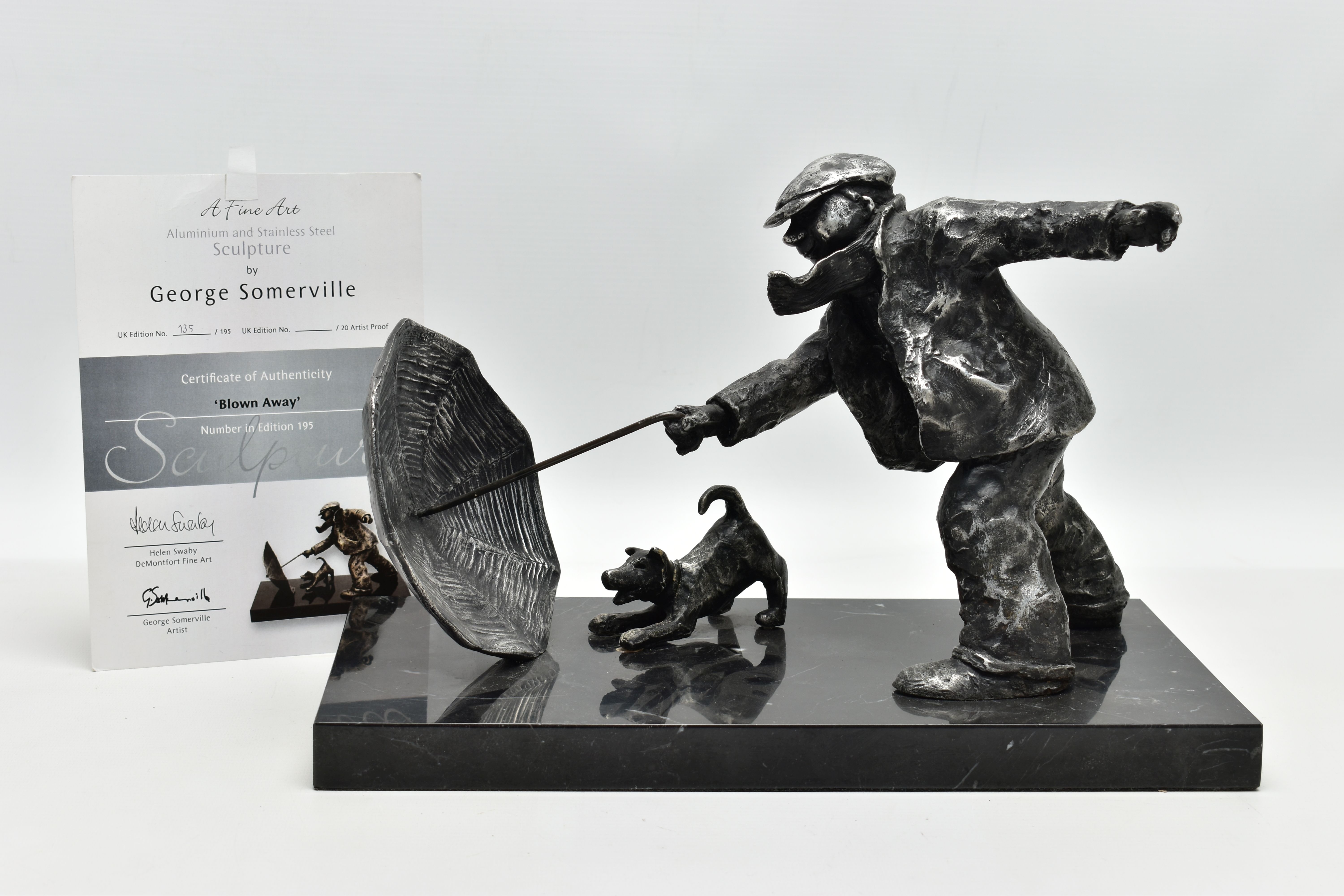 GEORGE SOMERVILLE (SCOTTISH 1947) 'BLOWN AWAY', a limited edition aluminium sculpture depicting a