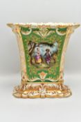 A 19TH CENTURY CONTINENTAL PORCELAIN VASE OF SHAPED OCTAGONAL FORM, foliate scrolled gilt rim