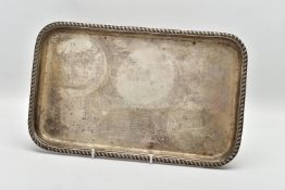 AN EARLY 20TH CENTURY SILVER RECTANGULAR TRAY, gadrooned rim, marks totally illegible due to