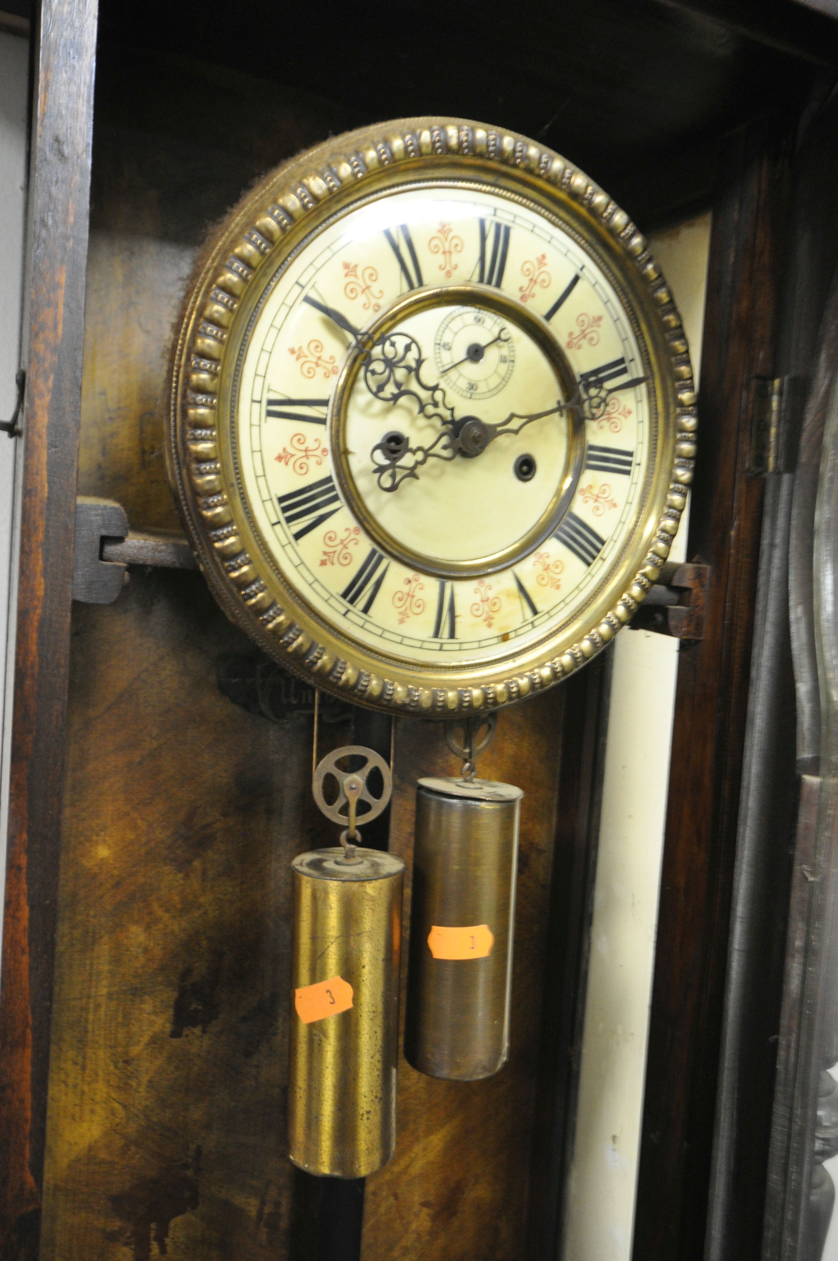 A LATE 19TH CENTURY REGULATOR VIENNA WALL CLOCK, having a resin horse finial, the door with - Image 4 of 6