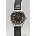 A VINTAGE MID 20TH CENTURY STAINLESS STEEL MANUAL WIND OMEGA WRISTWATCH, the matt black dial, with
