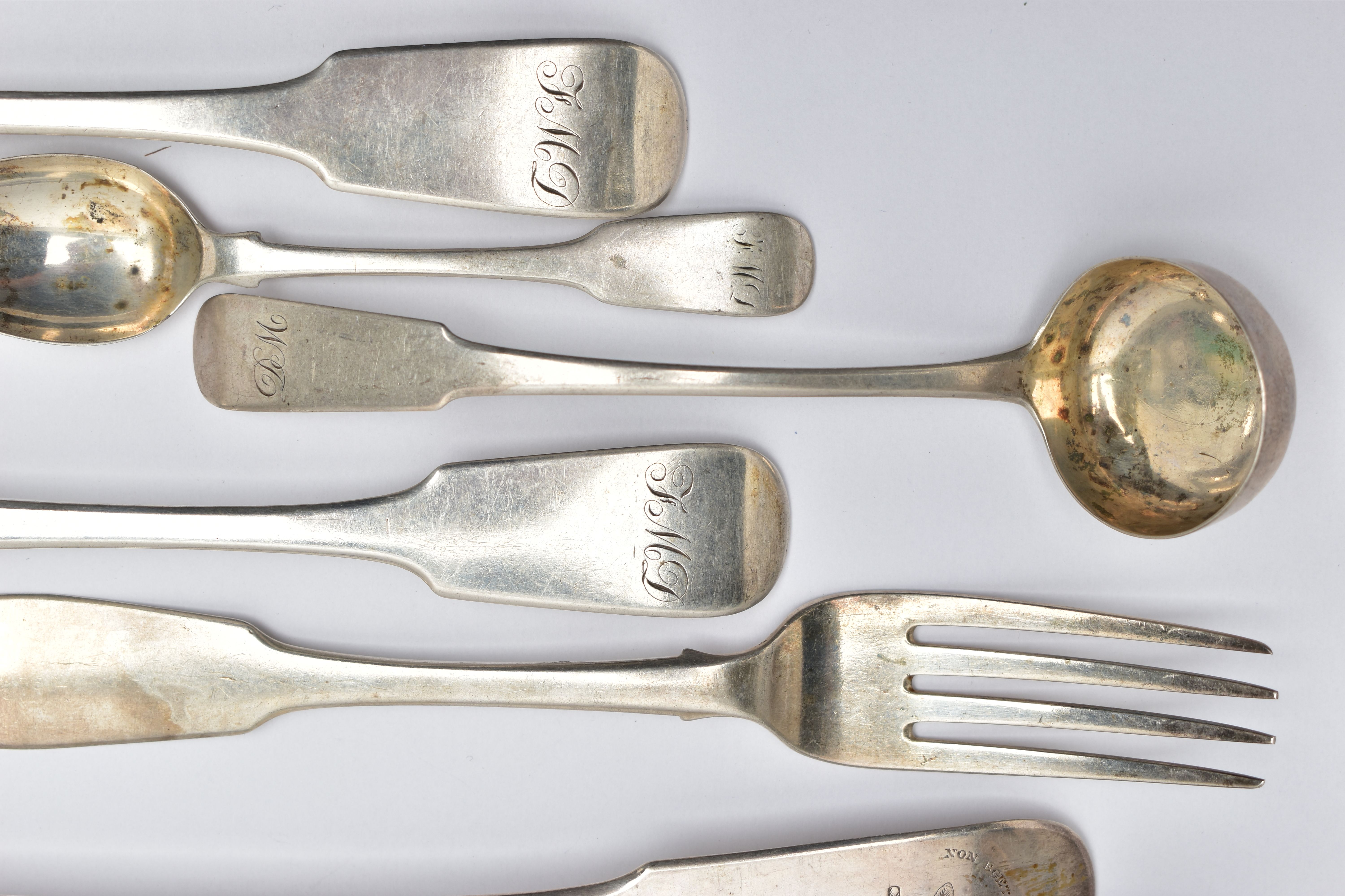 ELEVEN PIECES OF 19TH CENTURY SCOTTISH SILVER FLATWARE, comprising a soup ladle, two tablespoon - Image 3 of 7