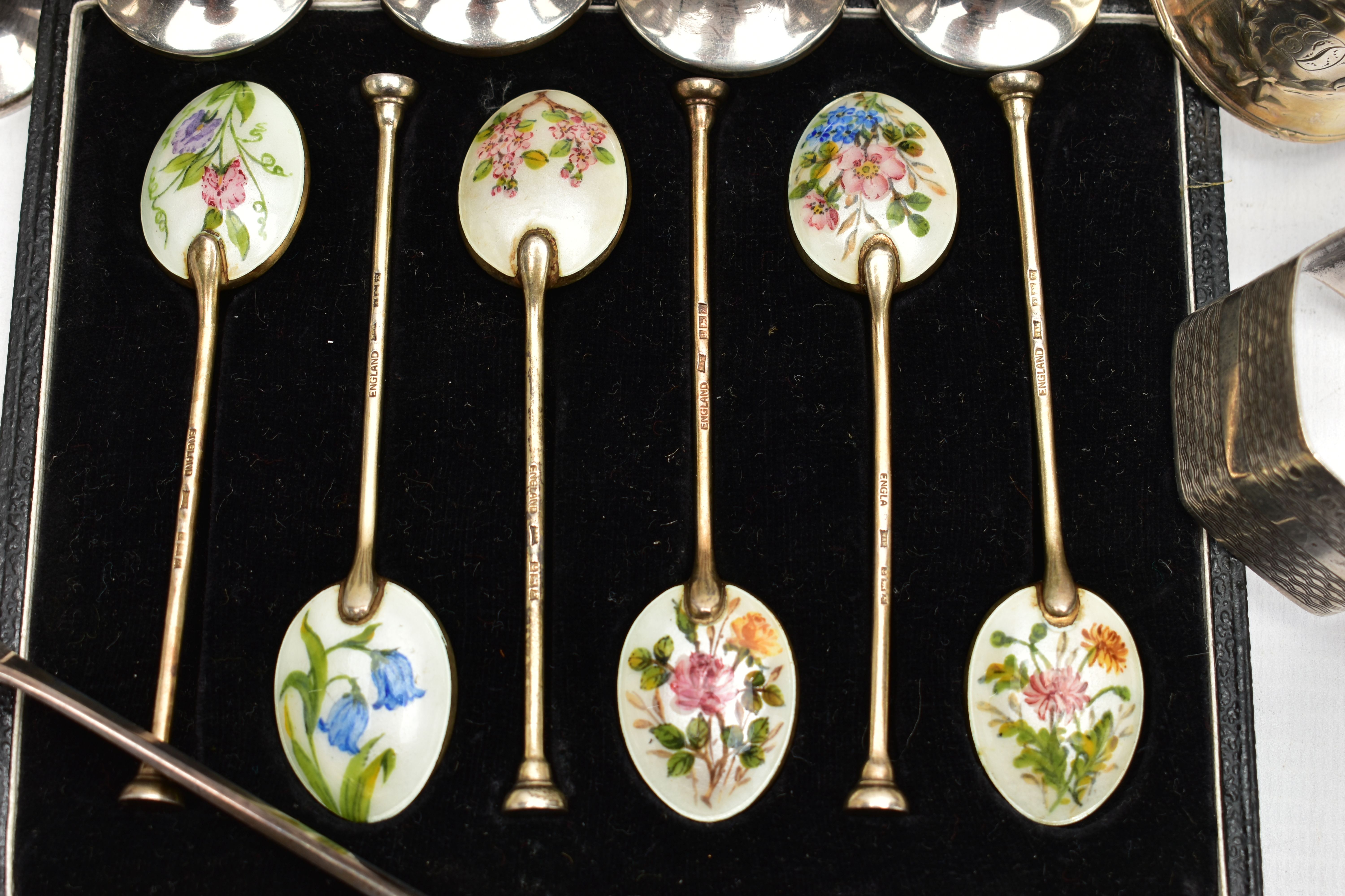 A CASED SET OF SIX ELIZABETH II SILVER GILT AND ENAMEL COFFEE SPOONS AND TEN OTHER SILVER ITEMS, - Image 3 of 8