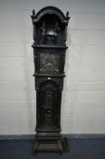 A HEAVILY CARVED EIGHT DAY LONGCASE CLOCK, the 11.5 inch brass and silvered dial singed John