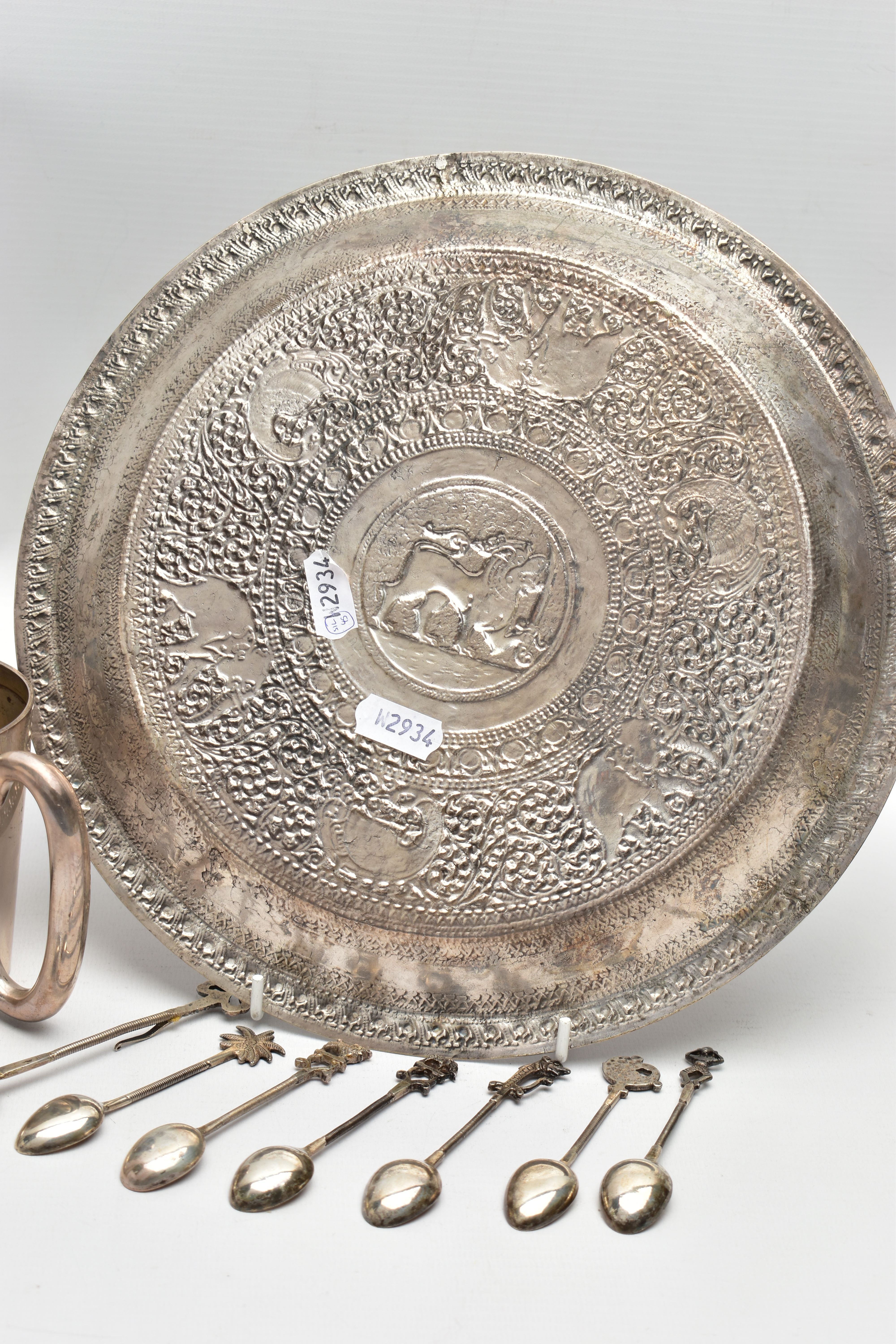 A GEORGE VI SILVER MUG, AN INDIAN WHITE METAL TRAY AND SEVEN INDIAN WHITE METAL COFFEE SPOONS, the - Image 8 of 10
