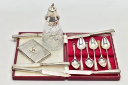 A SMALL PARCEL OF 20TH CENTURY SILVER, comprising a George V Walker & Hall card case with enamel