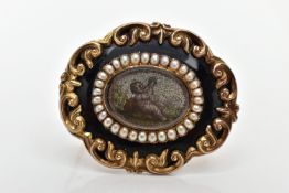 A VICTORIAN YELLOW METAL MICRO MOSAIC MOURNING BROOCH, the central micro mosaic panel depicting a