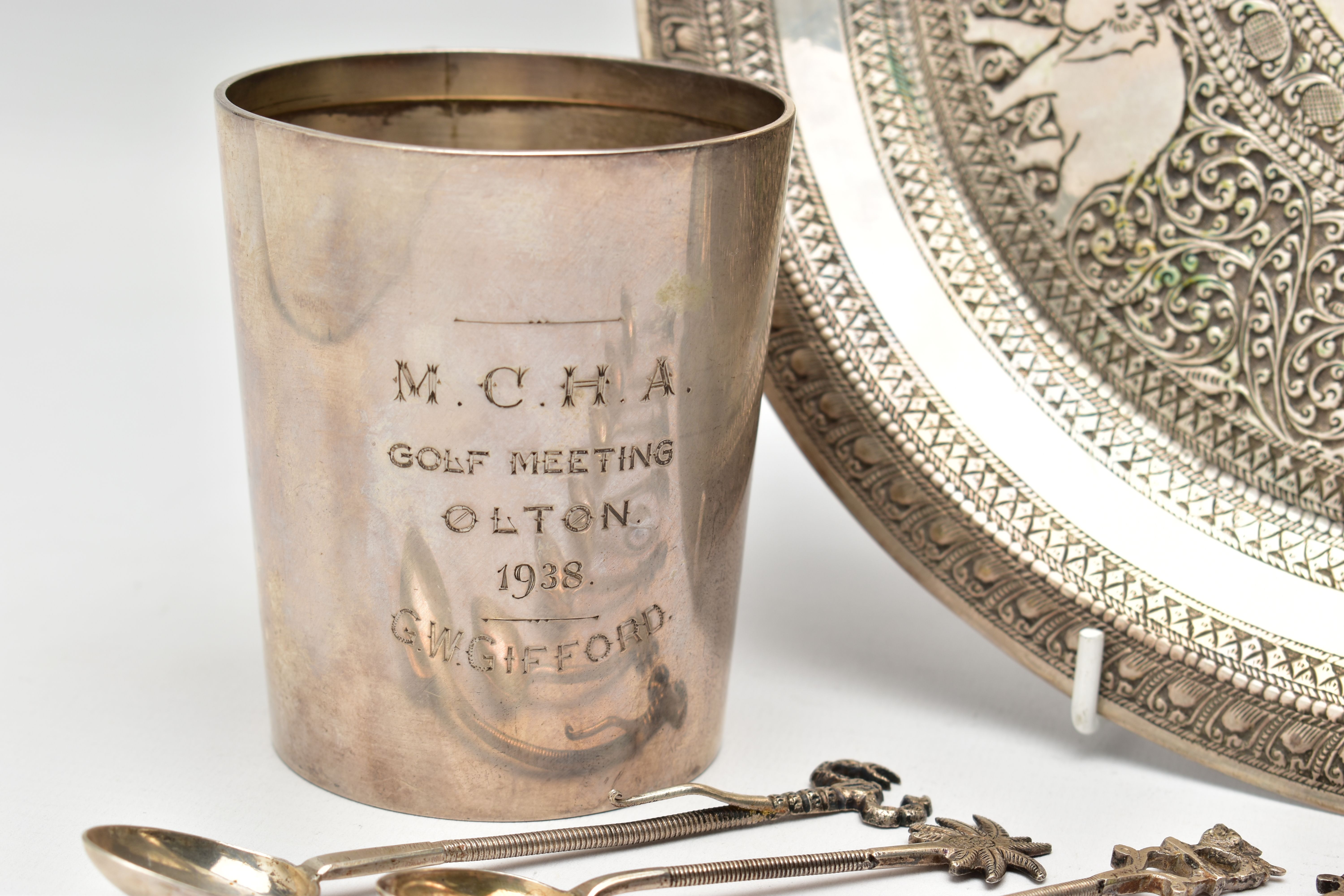 A GEORGE VI SILVER MUG, AN INDIAN WHITE METAL TRAY AND SEVEN INDIAN WHITE METAL COFFEE SPOONS, the - Image 4 of 10