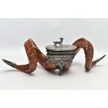 A LATE VICTORIAN RAM'S HORN TABLE SNUFF MULL WITH EPBM MOUNTS BY WALKER & HALL, the foliate engraved