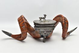 A LATE VICTORIAN RAM'S HORN TABLE SNUFF MULL WITH EPBM MOUNTS BY WALKER & HALL, the foliate engraved