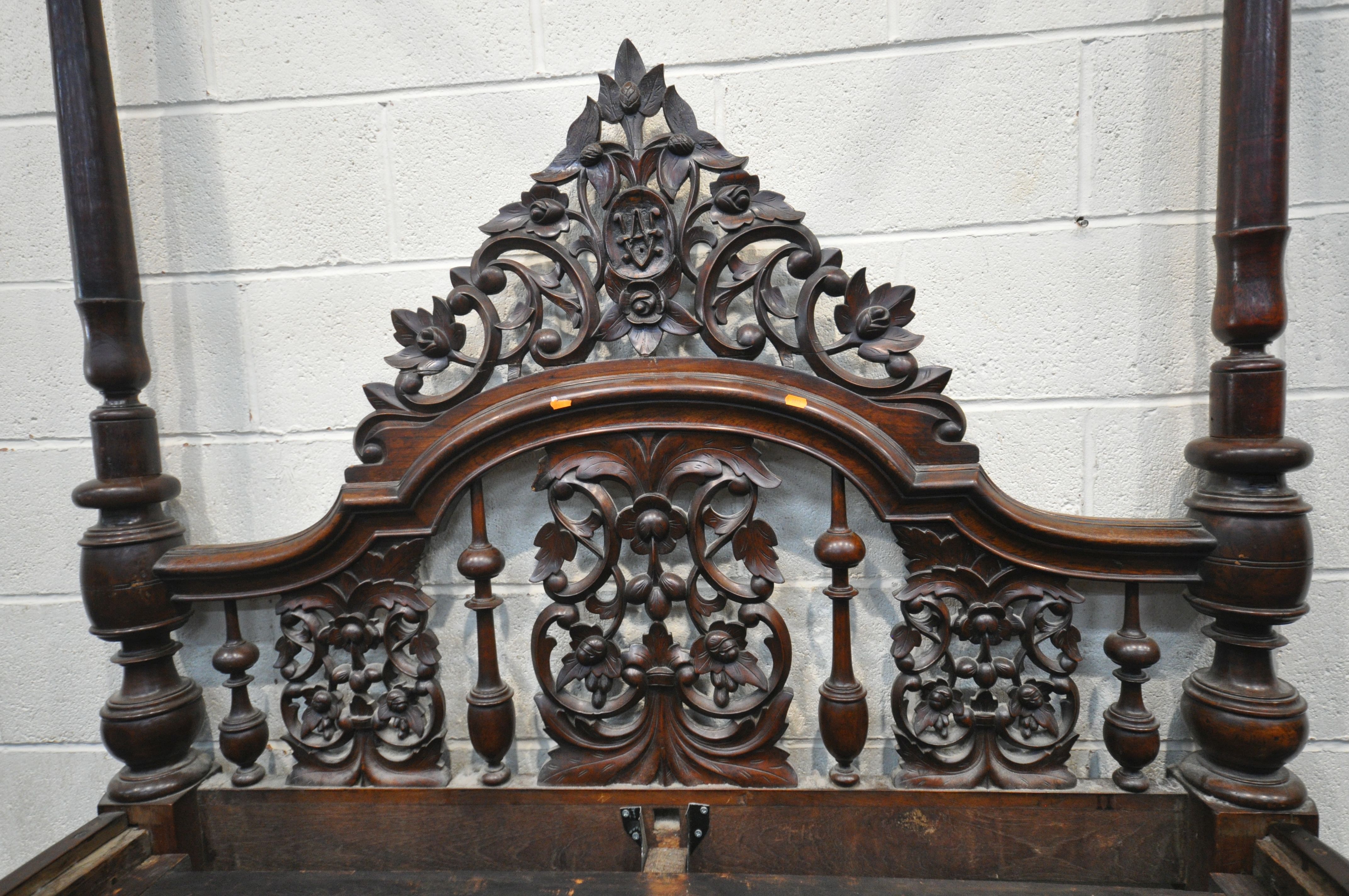 AN 18TH CENTURY OAK AND MAHOGANY 4FT6 FOUR POSTER BED, having a foliate open fretwork headboard, - Image 4 of 9