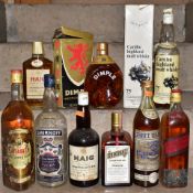 WHISKY & SPIRIT nine old bottles, comprising one bottle of CARDHU Highland Malt Scotch Whisky,