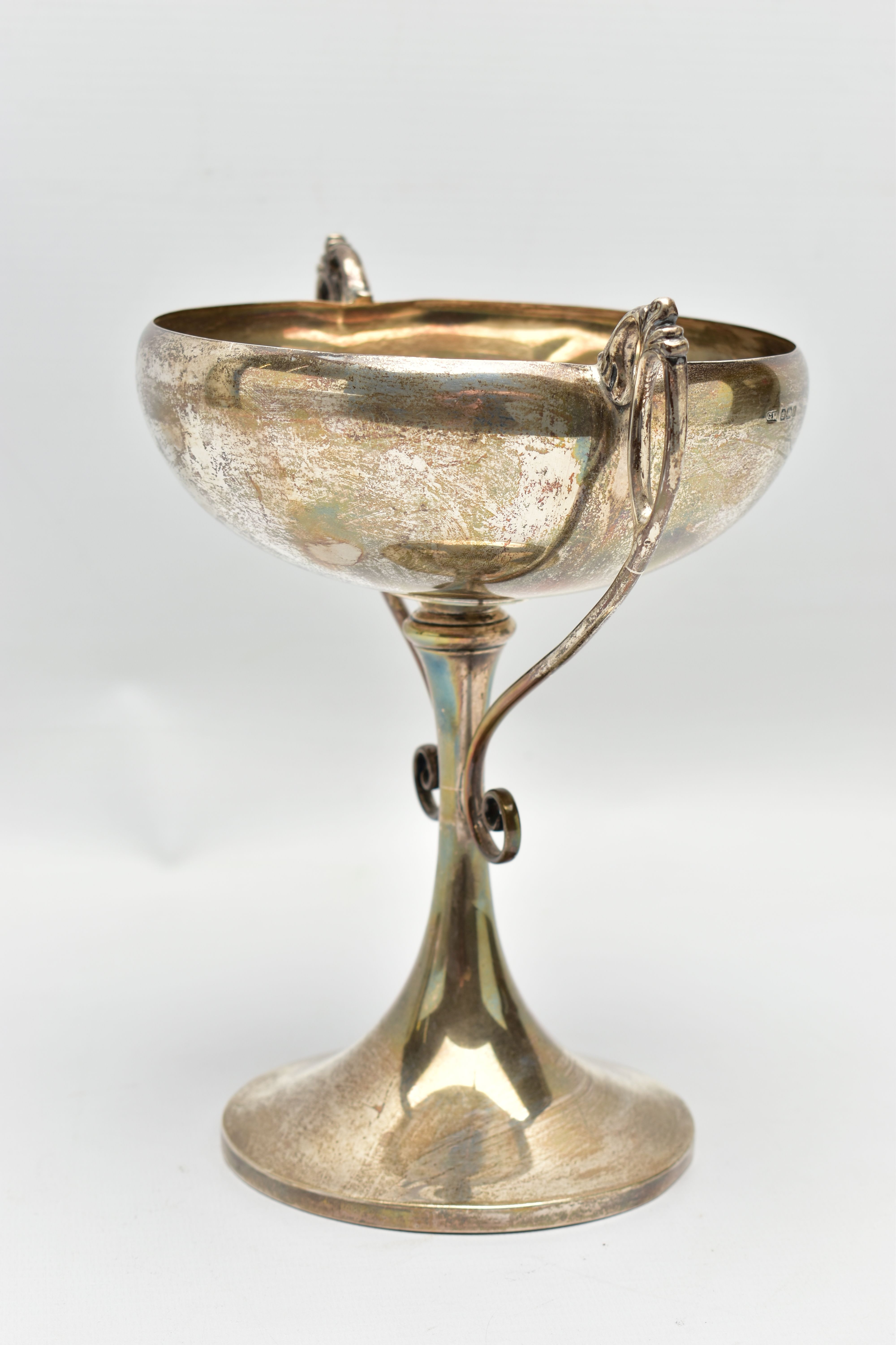 A GEORGE V SILVER TWIN HANDLED TROPHY CUP, the shallow silver cup on a slender pedestal with cast - Image 4 of 8