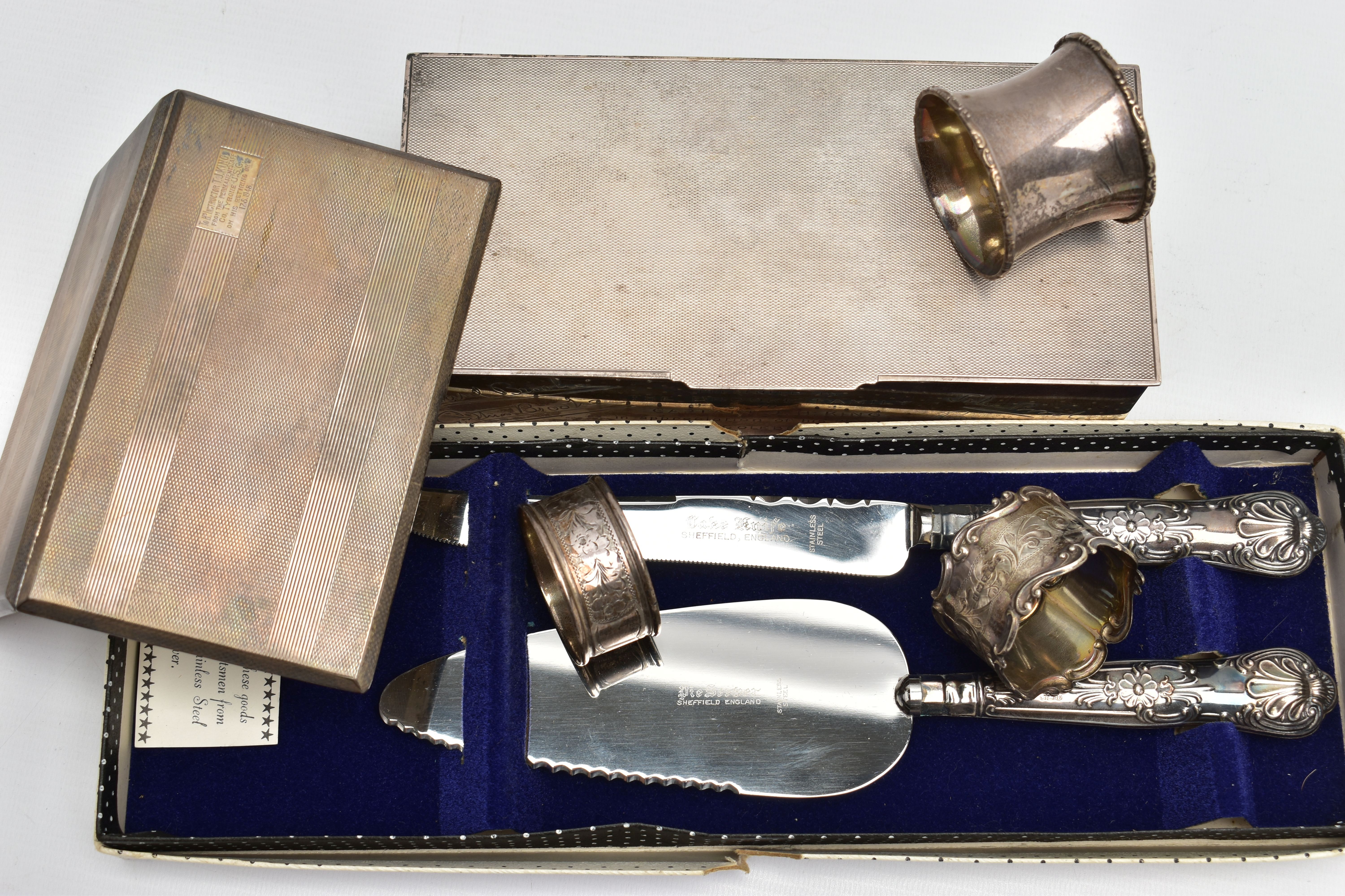 A GEORGE VI SILVER RECTANGULAR CIGARETTE BOX AND SIX OTHER SILVER ITEMS, the cigarette box with - Image 7 of 9