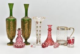 A GROUP OF 19TH CENTURY BOHEMIAN AND ENGLISH GLASSWARE, comprising a clear glass tankard with