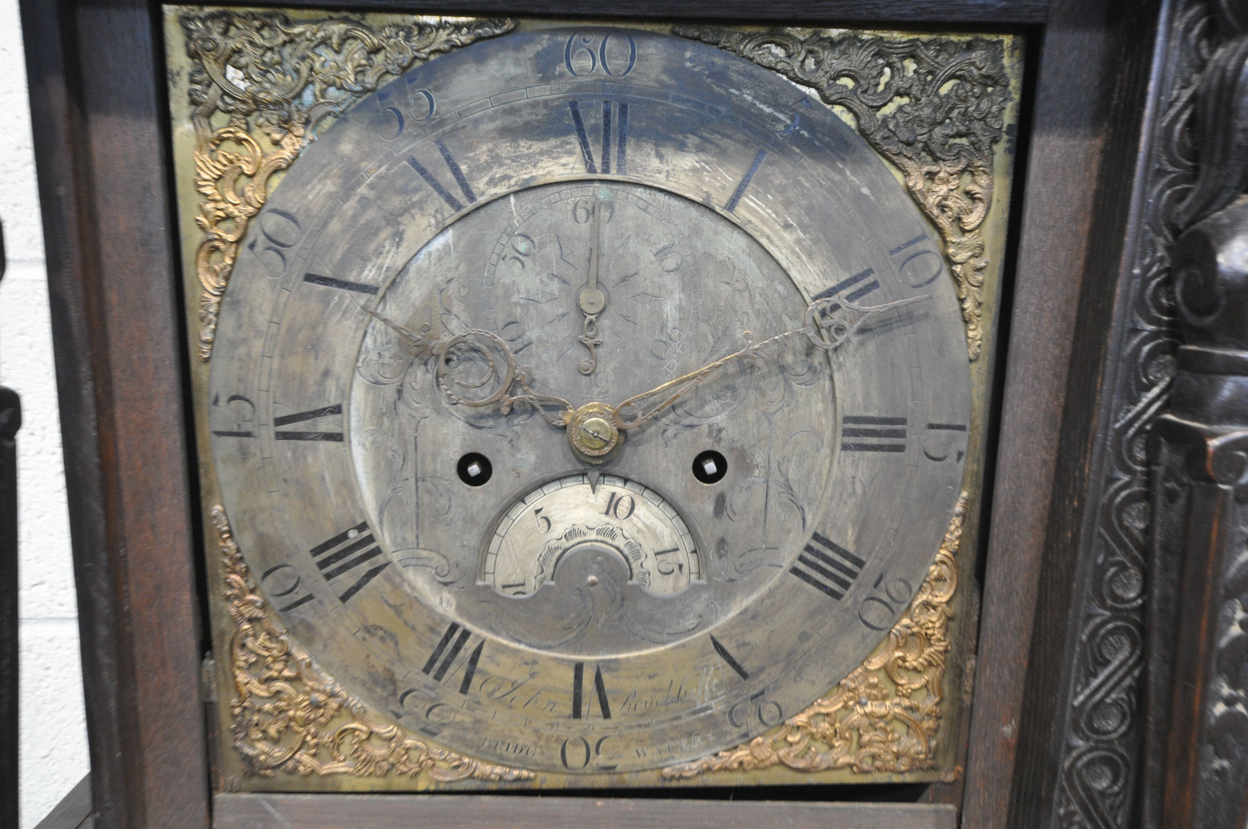 A HEAVILY CARVED EIGHT DAY LONGCASE CLOCK, the 11.5 inch brass and silvered dial singed John - Image 6 of 21