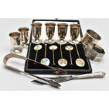 A CASED SET OF SIX ELIZABETH II SILVER GILT AND ENAMEL COFFEE SPOONS AND TEN OTHER SILVER ITEMS,