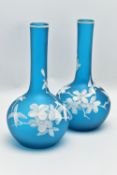A PAIR OF CONTEMPORARY CAMEO GLASS VASES, having globular body and long neck, turquoise glass ground
