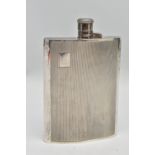 AN ELIZABETH II SILVER HIP FLASK OF BOWED RECTANGULAR FORM, fitted with a hinged bayonet cap with