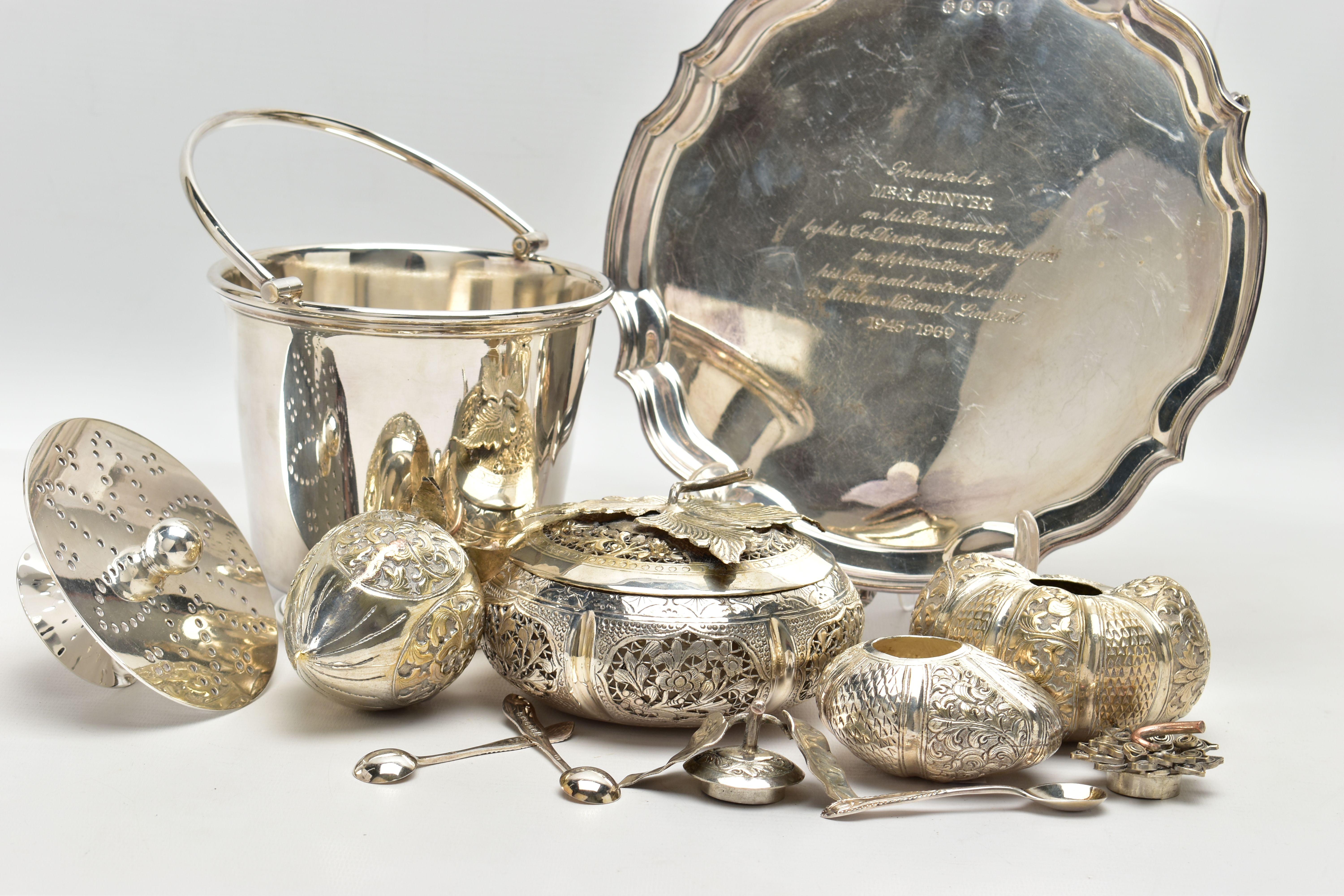 AN ELIZABETH II SILVER SALVER, TOGETHER WITH EIGHT SILVER PLATED ITEMS, the silver salver with - Image 7 of 14