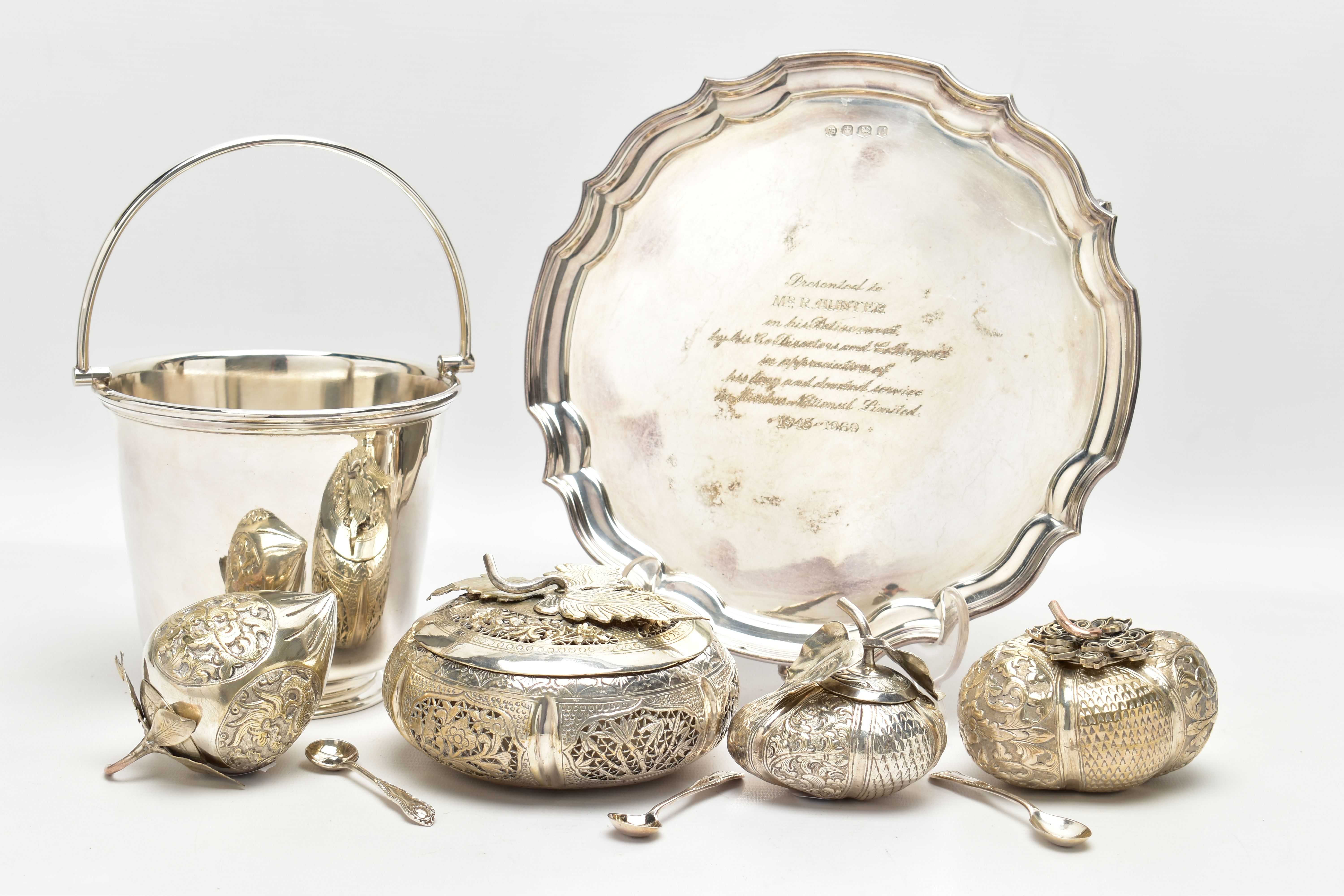 AN ELIZABETH II SILVER SALVER, TOGETHER WITH EIGHT SILVER PLATED ITEMS, the silver salver with