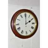 A VICTORIAN MAHOGANY CASED THIRTY HOUR CIRCULAR WALL CLOCK, painted 28.5cm dial with Roman numerals,