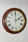 A VICTORIAN MAHOGANY CASED THIRTY HOUR CIRCULAR WALL CLOCK, painted 28.5cm dial with Roman numerals,