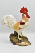 A ROYAL CROWN DERBY BONE CHINA FIGURE OF A COCKEREL STANDING ON A LOG, polychrome decoration,