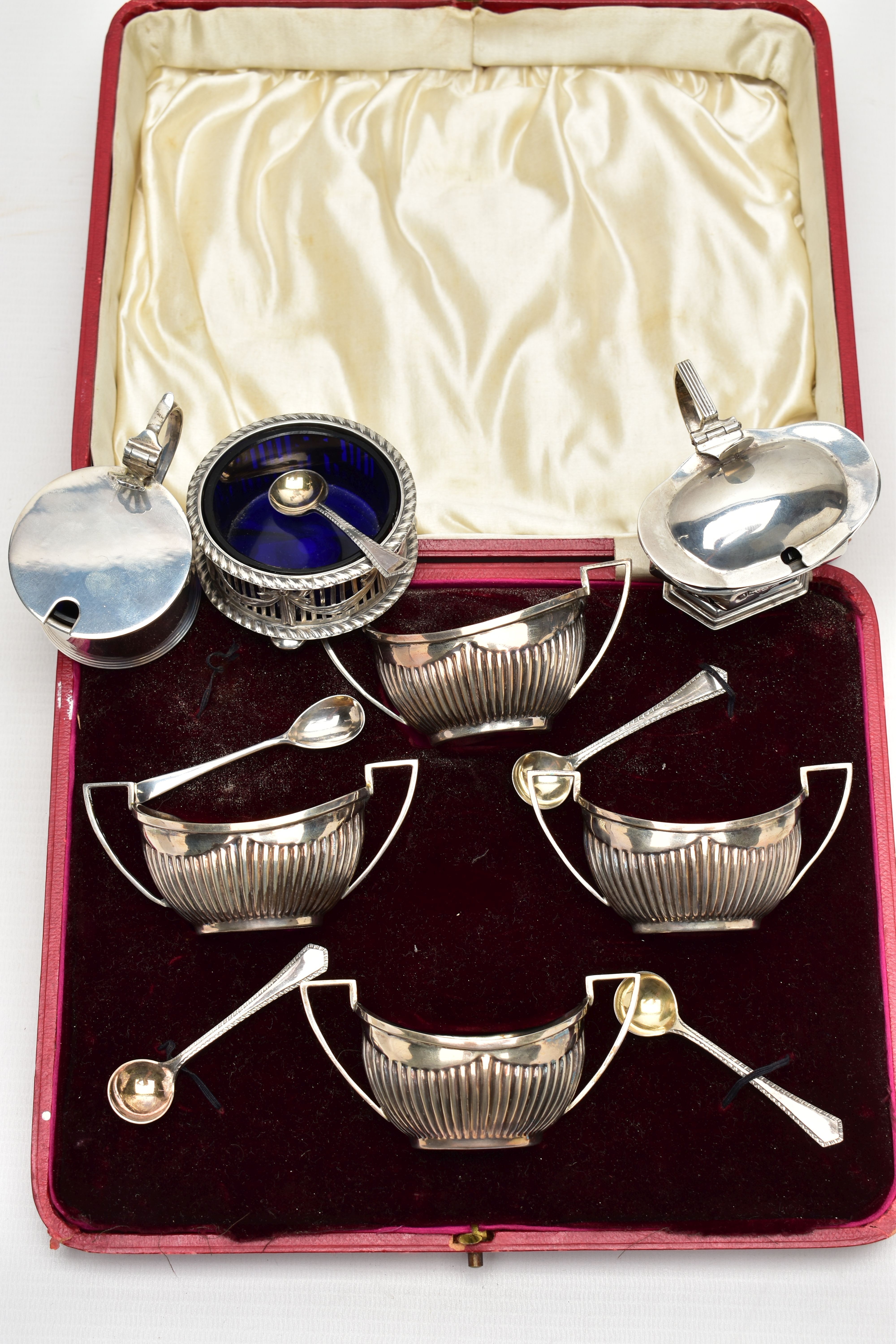 A CASED SILVER EIGHT PIECE CRUET SET, TOGETHER WITH THREE OTHER CONDIMENT ITEMS AND A CONDIMENT - Image 2 of 6