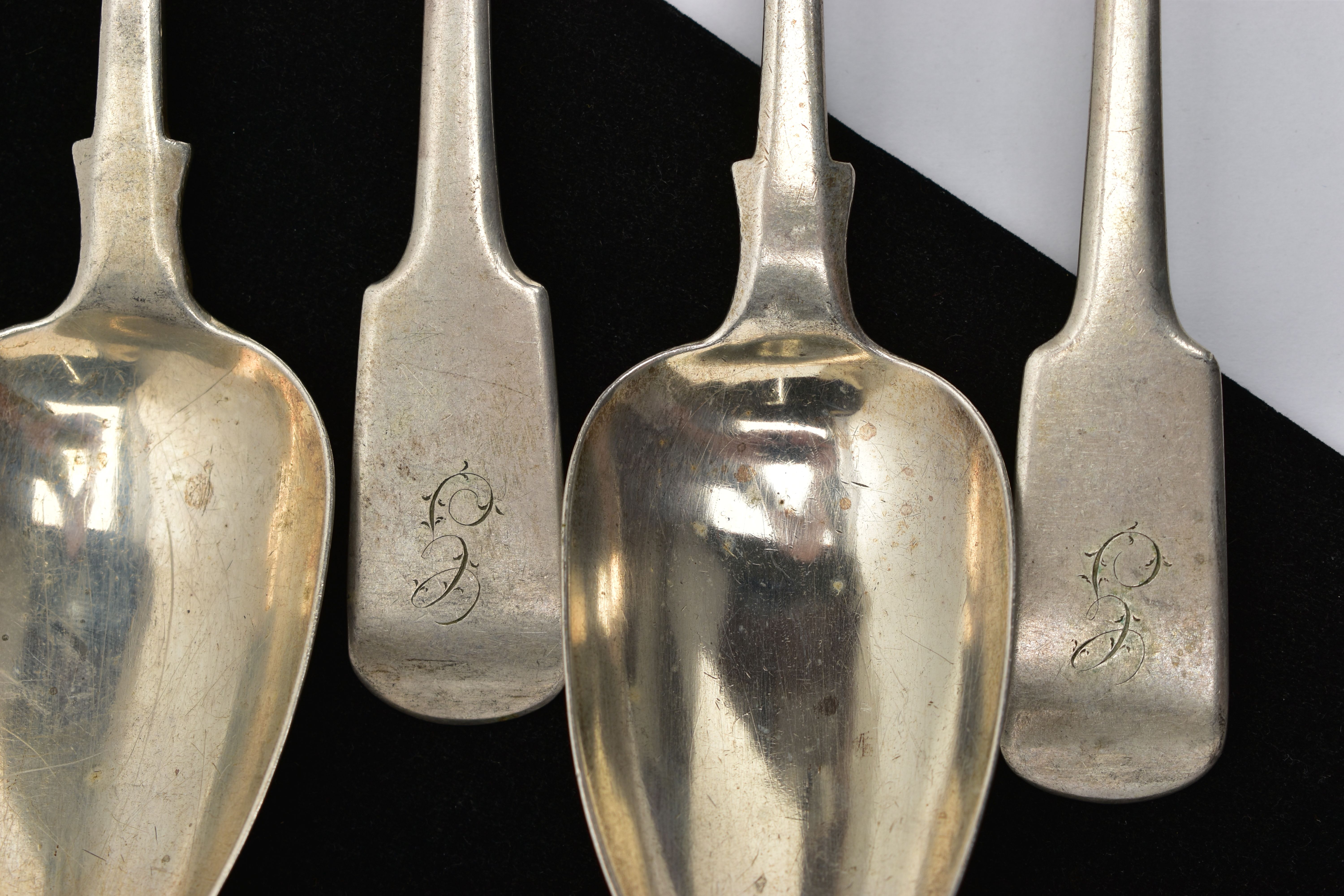 A SET OF FOUR GEORGE III EXETER SILVER FIDDLE PATTERN TABLESPOONS, engraved initial G, maker - Image 2 of 4