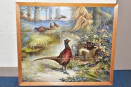 AN EARLY 20TH CENTURY FORTY TWO TILE PANEL HAND PAINTED WITH COCK AND HEN PHEASANTS IN A WOODLAND