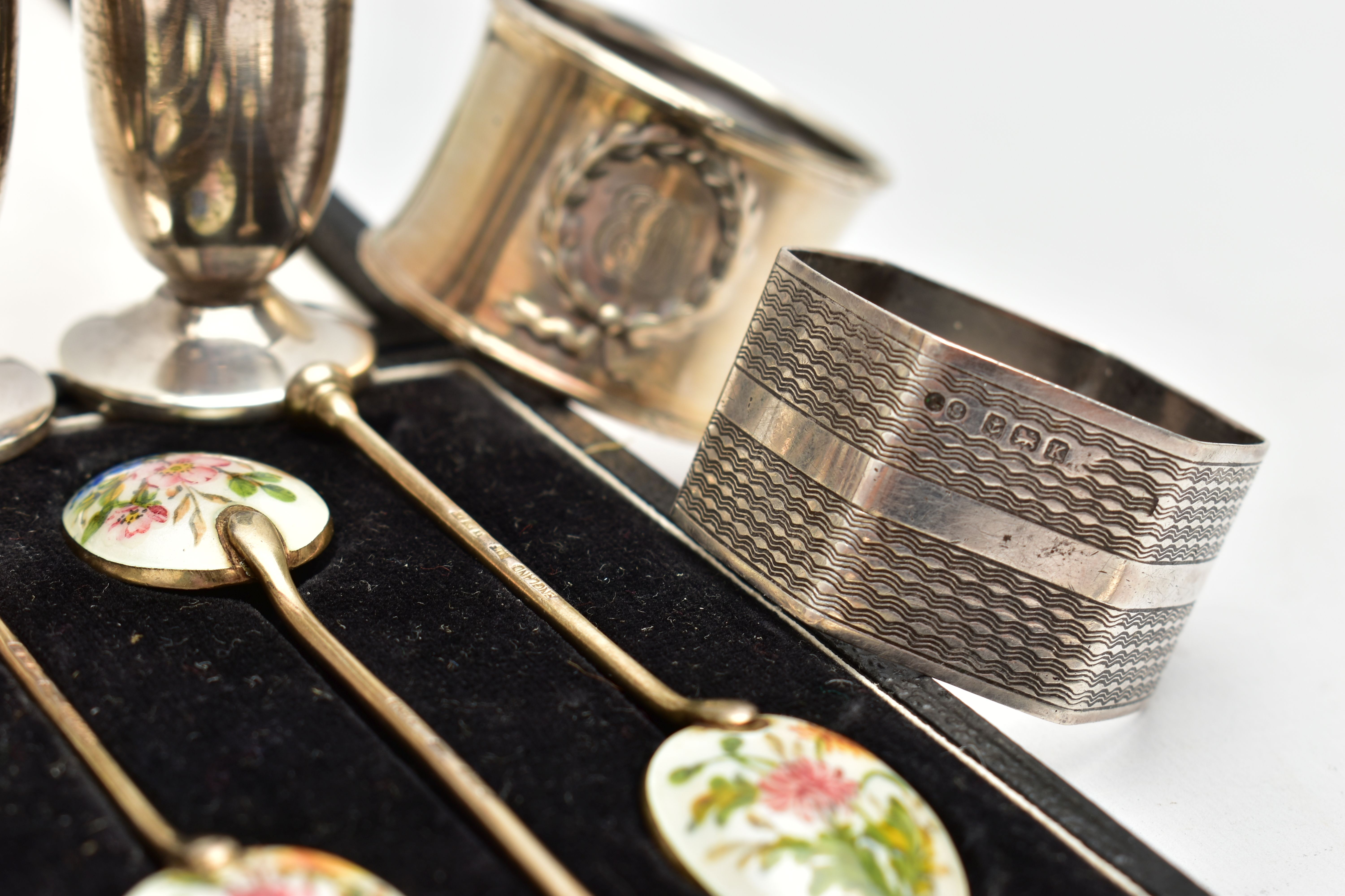 A CASED SET OF SIX ELIZABETH II SILVER GILT AND ENAMEL COFFEE SPOONS AND TEN OTHER SILVER ITEMS, - Image 5 of 8