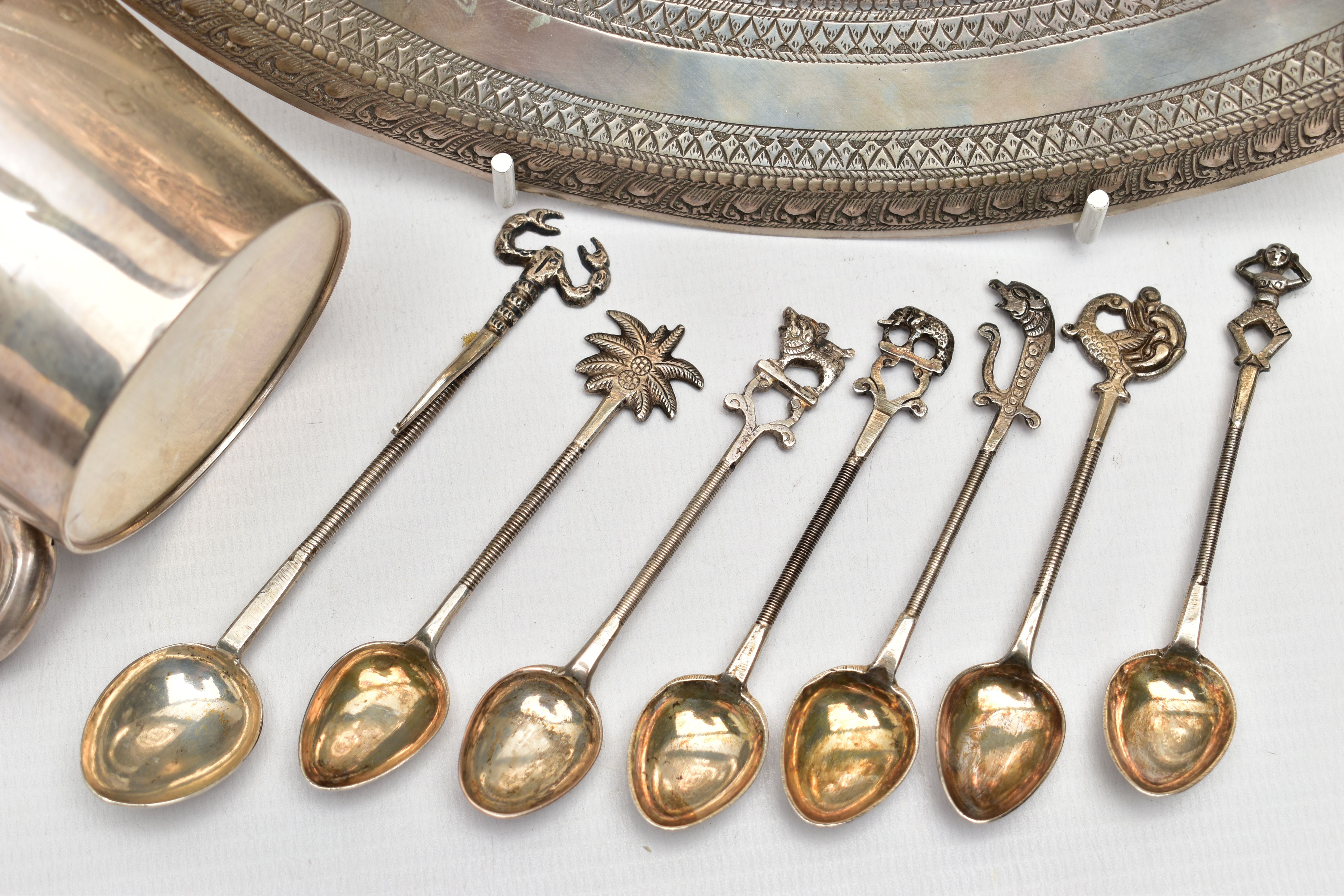 A GEORGE VI SILVER MUG, AN INDIAN WHITE METAL TRAY AND SEVEN INDIAN WHITE METAL COFFEE SPOONS, the - Image 6 of 10