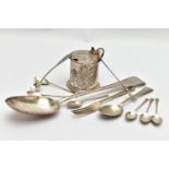 A VICTORIAN SILVER OLD ENGLISH PATTERN BASTING SPOON, TEN OTHER ITEMS OF 19TH AND 20TH CENTURY