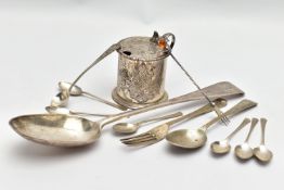 A VICTORIAN SILVER OLD ENGLISH PATTERN BASTING SPOON, TEN OTHER ITEMS OF 19TH AND 20TH CENTURY