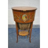 AN EARLY 20TH CENTURY SHERATON REVIVAL STYLE SATINWOOD OVAL WORK TABLE, with hand painted