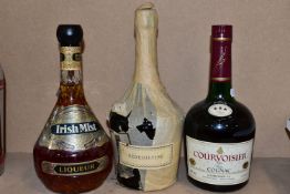 ALCOHOL, three bottles comprising, one Courvoisier *** Luxe Cognac, $0% vol, 70cl, fill level bottom